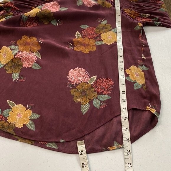 LOFT Burgundy Floral Long Sleeve Key Hole Back Blouse Ruched Crochet Lace Flowy - Picture 11 of 15